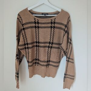 Express Beige and Black Plaid Crewneck Sweater